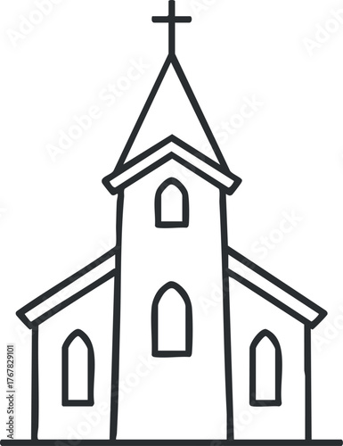 Outline illustration of a church with a prominent steeple and cross on top