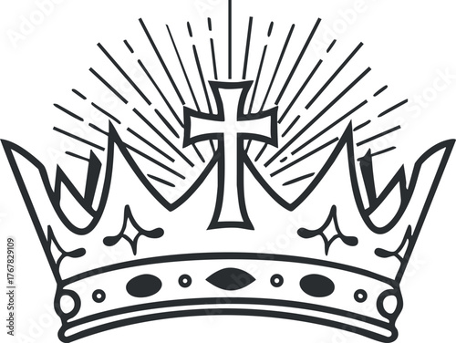 An ornate crown design featuring a central cross and radiant beams symbolizing spirituality and royalty.