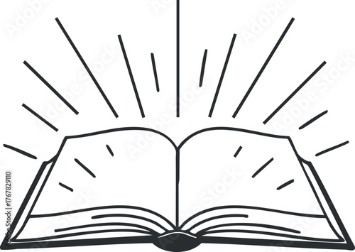 An illustration of an open book with rays of light emanating from it, symbolizing knowledge.