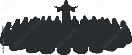 Silhouette of a speaker addressing a large crowd of people during a gathering or meeting.