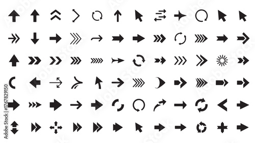 A comprehensive collection of black arrow icons and symbols in various styles and directions for graphic design.