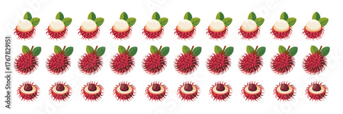 Rambutan border pattern, repeating hairy fruits row, tropical red peel with white flesh, decorative divider, vector illustration