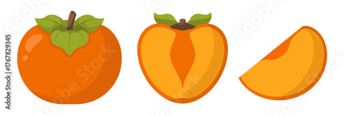 Mango fruit set, whole with leaf, ripe golden mango and slice, tropical dessert ingredient, clean vector illustration