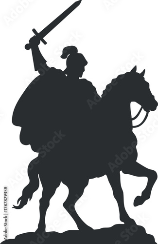 Silhouette of a warrior on horseback wielding a sword in a dynamic pose.