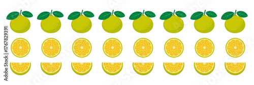 Lemon border pattern, repeating small lemons with wedges, seamless decorative strip, fresh kitchen divider, summery vector design