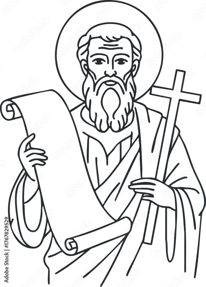 Obraz premium A line art illustration of a saint holding a cross and a scroll, symbolizing faith.