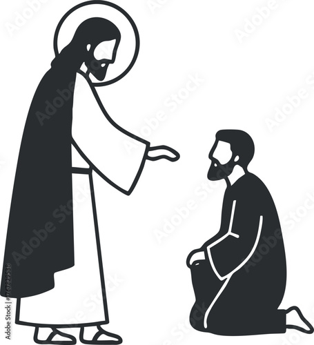 A depiction of Jesus Christ extending a hand to a kneeling man in a spiritual moment.