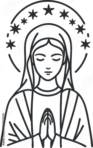 A serene illustration of a figure in prayer surrounded by stars and a halo effect.