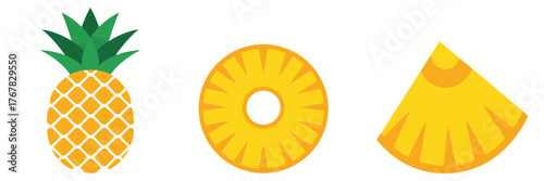 Whole pineapple with crown, ring slice, wedge piece, tropical fruit icons, vitamin rich snack, cooking ingredient vector