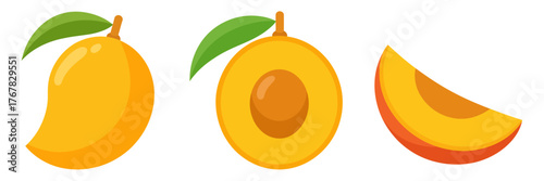 Sweet mango collection, ripe whole fruit with leaf, juicy half moon slice, fresh tropical produce, culinary illustration vector