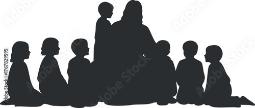 A silhouette of a group of children gathered around a figure, engaged in storytelling.