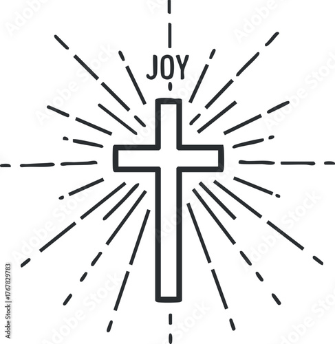 A simple cross illustration radiating joy with light rays emanating outward.