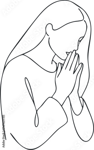 A minimalist line art illustration of a woman praying with hands clasped together.