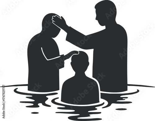 An illustration depicting a baptism ceremony with two figures in water representing faith and spirituality.