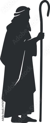 Silhouette of a shepherd holding a staff, embodying guidance and pastoral life.