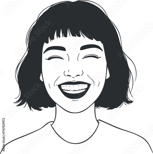 A cheerful illustration of a woman smiling widely with a joyful expression on her face.
