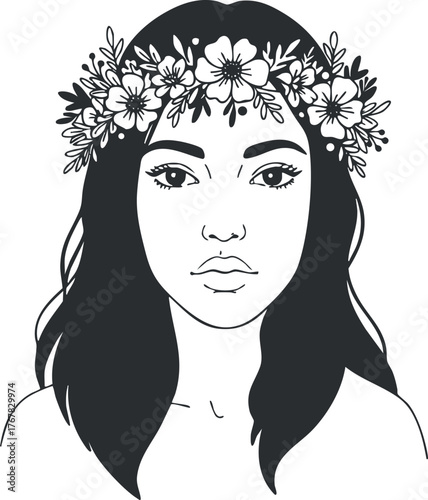 Illustration of a woman with floral headband and natural beauty in minimalist style.