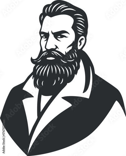 A vintage portrait of a confident bearded man in formal attire with a serious expression.