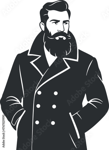 A stylish man with a beard wearing a fashionable coat, exuding confidence and sophistication.