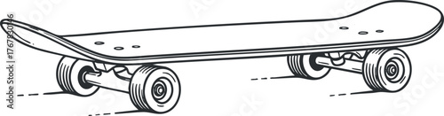 Illustration of a skateboard highlighting its design and wheels for sports and recreation.