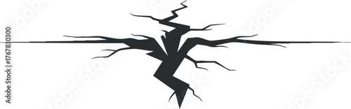 A striking abstract illustration of a black crack or fracture pattern on a white background.