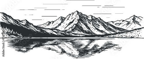 Black and white illustration of majestic mountains reflecting on a calm lake surface.