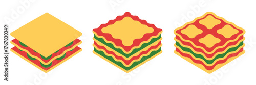 Lasagna layer collection, flat pasta sheets, cheesy filling illustration, bakery casserole icons, comfort food vector set, isolated