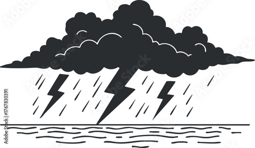 A dramatic illustration of a storm with clouds, lightning, and rain over the water.