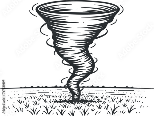A stylized illustration of a tornado swirling over a grassy landscape under a cloudy sky.