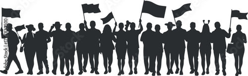 Silhouette of a diverse crowd holding flags at a protest or demonstration.