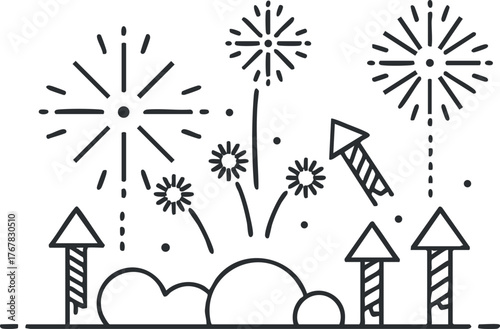 A fun and colorful illustration of fireworks exploding over a festive landscape.