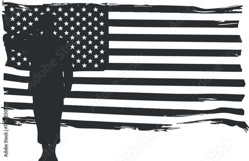 Silhouette of a soldier saluting in front of the American flag with a grunge effect.