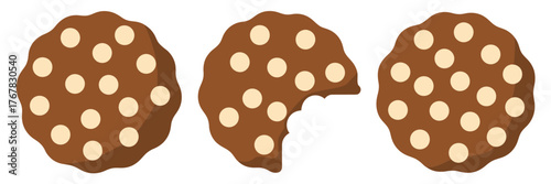 Large chocolate chip cookies trio, cracked textures, crunchy baked sweets, dessert illustration, confectionery menu element vector
