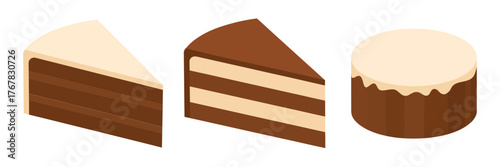 Layered chocolate torte slice and petite round cake, rich ganache icing, sweet dessert elements, vector clipart, bakery