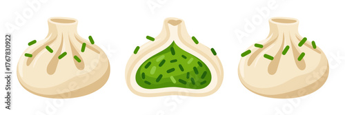 Steamed bun collection, plump dumpling shapes, green vegetable filling, folded pleats, asian street food icon, savory vector illustration