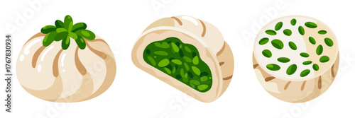 Vegetable stuffed buns, steamed dough pockets, cutaway filling view, scallion garnish, asian comfort snack, bakery illustration vector