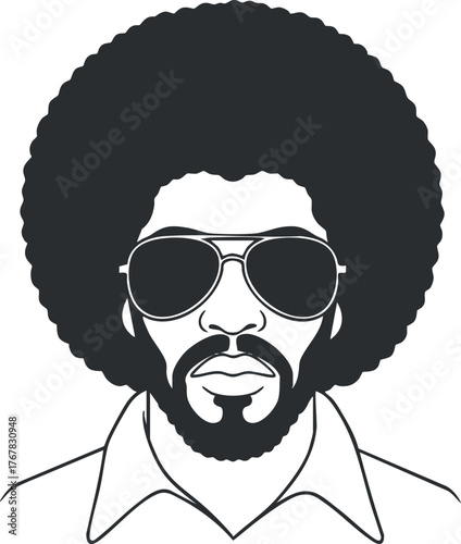 Stylized illustration of a man with an afro hairstyle wearing sunglasses and a retro outfit