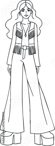 Stylish woman in a retro 70s outfit with fringe details and platform shoes.