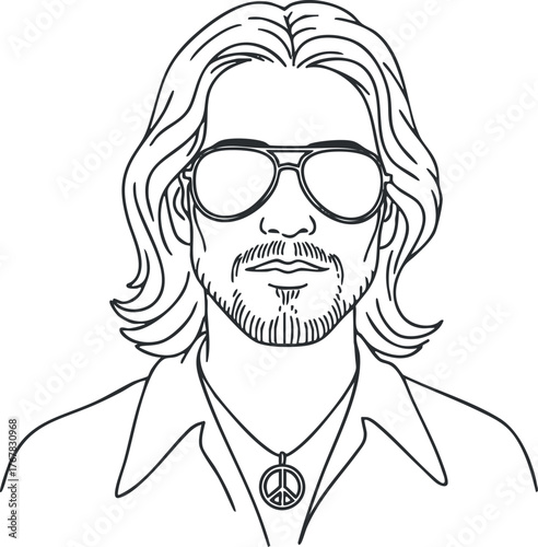 Stylized illustration of a man wearing sunglasses and a peace symbol necklace in a casual outfit.