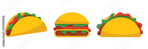 Taco and burger trio, fast food icons, crunchy tortilla with fillings, classic cheeseburger, snack menu vector artwork