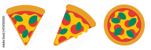 Pizza slice collection, triangular pieces with toppings, whole pie included, fast food icons, delivery menu vector