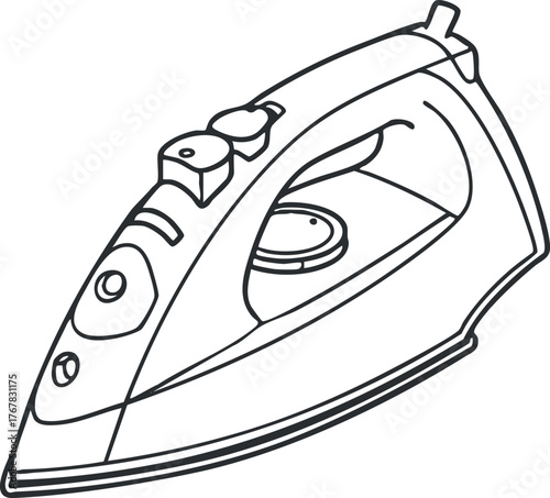 A simple outline illustration of a modern steam iron used for ironing clothes and fabrics.