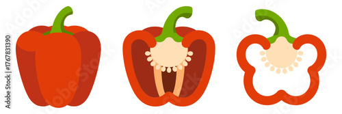 Red bell pepper icons, whole vegetable, seeded cross section, fresh produce clipart, kitchen ingredient set, vector illustration
