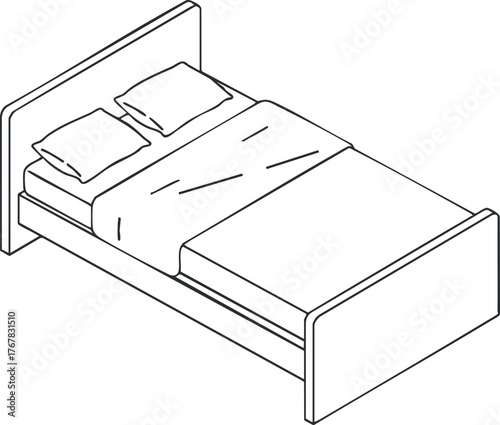 An illustration of a modern bed with two pillows and a minimalist design.