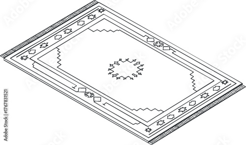A detailed illustration of a traditional decorative rug with intricate geometric patterns.