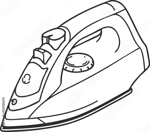 An outline illustration of a household iron used for pressing clothes and fabrics.