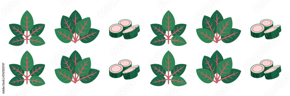 Fototapeta premium Herb leaves with sliced rounds, repeating arrangement row, culinary garnish pattern strip, kitchen prep theme, decorative vector assets