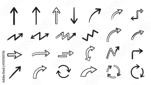 A collection of hand-drawn arrows in various styles and directions, including straight, curved, zigzag, and circular shapes.