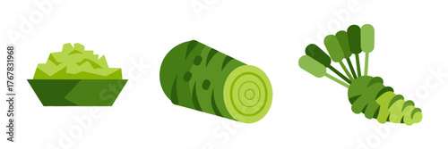 Wasabi rhizome icons, sliced green root with paste bowl, spicy condiment illustration, sushi garnish element, culinary vector