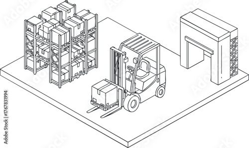 A warehouse scene featuring a forklift, storage shelves, and a loading area for efficient operations.